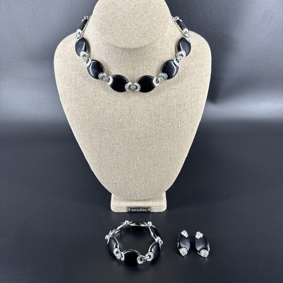Vintage Kramer of New York Black & Rhinestone Necklace, Bracelet & Earrings Set